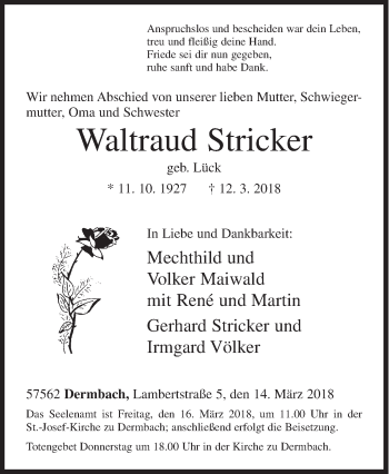 Traueranzeige von Waltraud Stricker von Siegener Zeitung