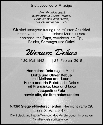 Traueranzeige von Werner Debus von Siegener Zeitung