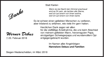 Traueranzeige von Werner Debus von Siegener Zeitung
