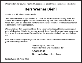 Traueranzeige von Werner Diehl von Siegener Zeitung