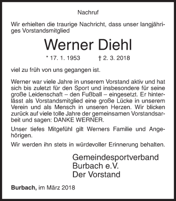 Traueranzeige von Werner Diehl von Siegener Zeitung