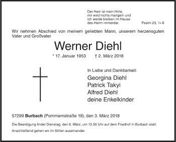 Traueranzeige von Werner Diehl von Siegener Zeitung