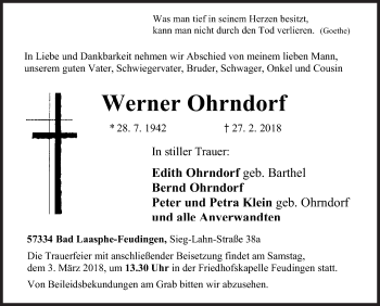Traueranzeige von Werner Ohrndorf von Siegener Zeitung