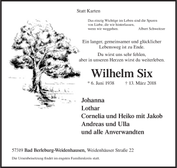 Traueranzeige von Wilhelm Six von Siegener Zeitung