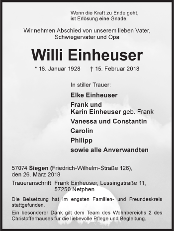 Traueranzeige von Willi Einheuser von Siegener Zeitung