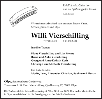 Traueranzeige von Willi Vierschilling von Siegener Zeitung