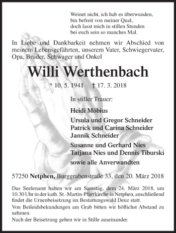 Traueranzeige von Willi Werthenbach von Siegener Zeitung