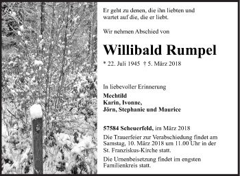 Traueranzeige von Willibald Rumpel von Siegener Zeitung