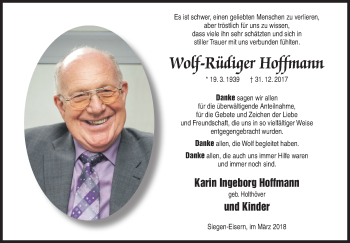 Traueranzeige von Wolf-Rüdiger Hoffmann von Siegener Zeitung