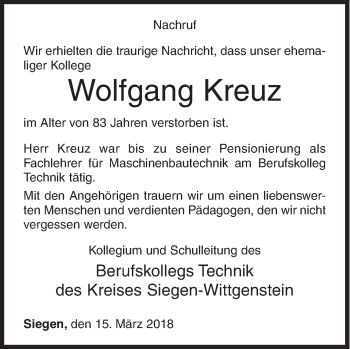 Traueranzeige von Wolfgang Kreuz von Siegener Zeitung