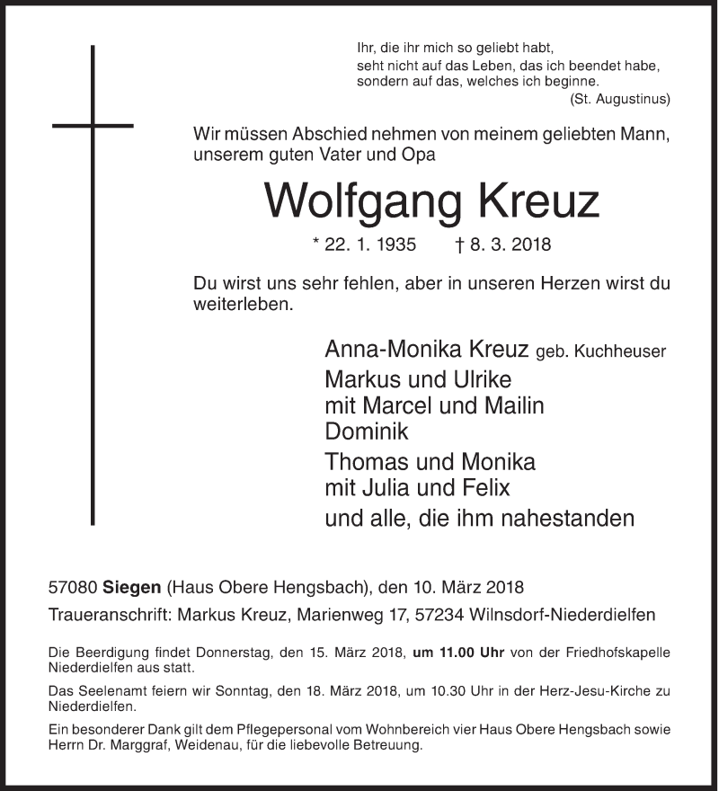  Traueranzeige für Wolfgang Kreuz vom 10.03.2018 aus Siegener Zeitung