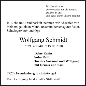 Traueranzeige von Wolfgang Schmidt von Siegener Zeitung