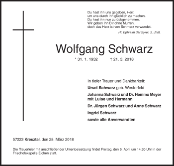 Traueranzeige von Wolfgang Schwarz von Siegener Zeitung