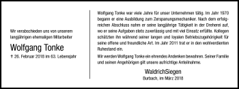 Traueranzeige von Wolfgang Tonke von Siegener Zeitung