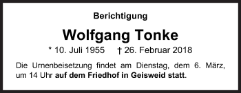 Traueranzeige von Wolfgang Tonke von Siegener Zeitung