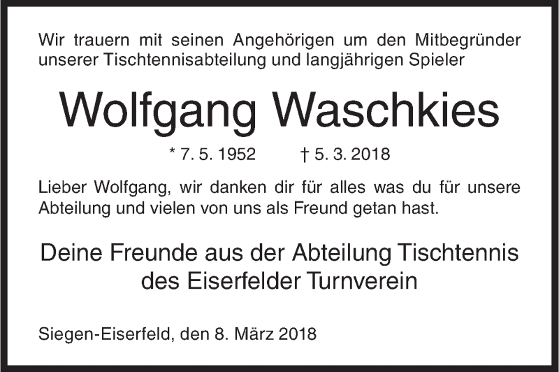  Traueranzeige für Wolfgang Waschkies vom 08.03.2018 aus Siegener Zeitung