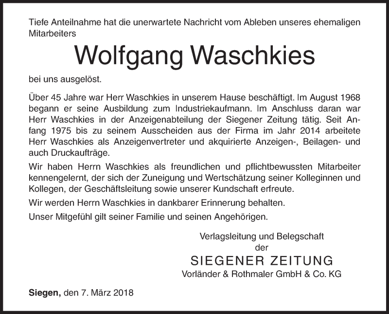  Traueranzeige für Wolfgang Waschkies vom 07.03.2018 aus Siegener Zeitung