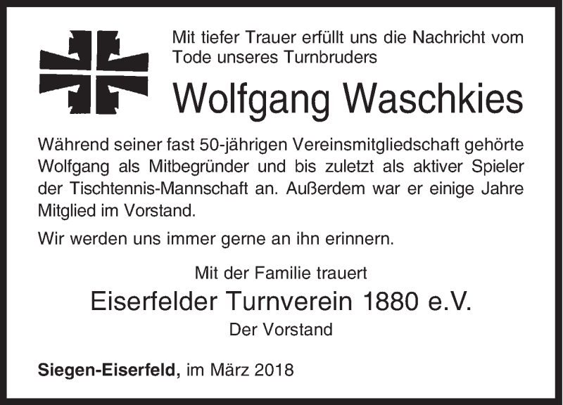  Traueranzeige für Wolfgang Waschkies vom 08.03.2018 aus Siegener Zeitung