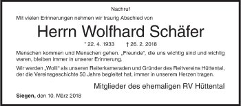 Traueranzeige von Wolfhard Schäfer von Siegener Zeitung