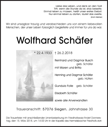 Traueranzeige von Wolfhard Schäfer von Siegener Zeitung