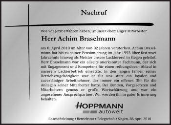 Traueranzeige von Achim Braselmann von Siegener Zeitung