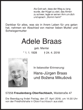 Traueranzeige von Adele Braas von Siegener Zeitung