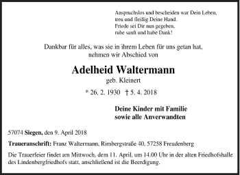 Traueranzeige von Adelheid Waltermann von Siegener Zeitung