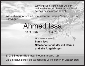 Traueranzeige von Ahmed Issa von Siegener Zeitung
