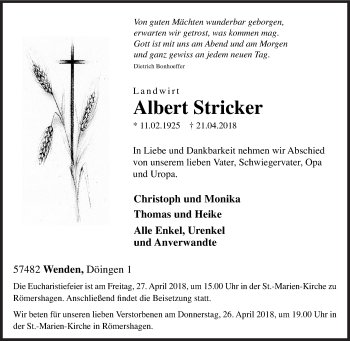 Traueranzeige von Albert Stricker von Siegener Zeitung