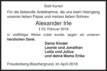 Traueranzeige von Alexander Irle von Siegener Zeitung