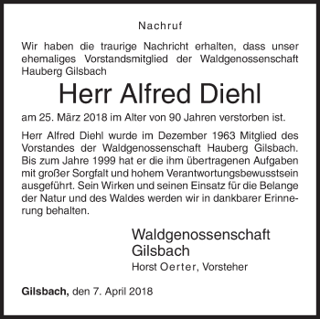 Traueranzeige von Alfred Diehl von Siegener Zeitung