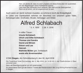 Traueranzeige von Alfred Schlabach von Siegener Zeitung
