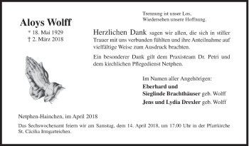 Traueranzeige von Aloys Wolff von Siegener Zeitung