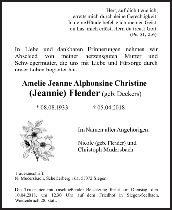 Traueranzeige von Amelie Jeanne Alphonsine Christine Flender von Siegener Zeitung