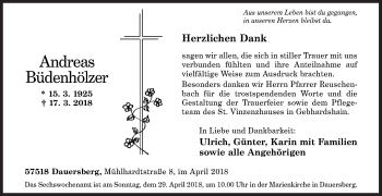 Traueranzeige von Andreas Büdenhölzer von Siegener Zeitung