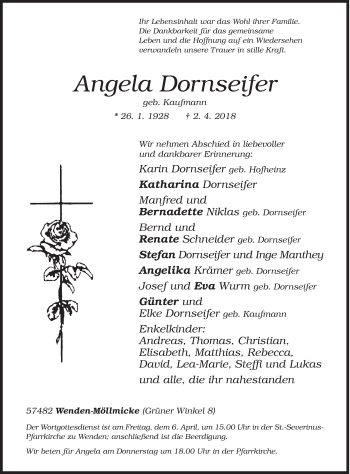Traueranzeige von Angela Dornseifer von Siegener Zeitung