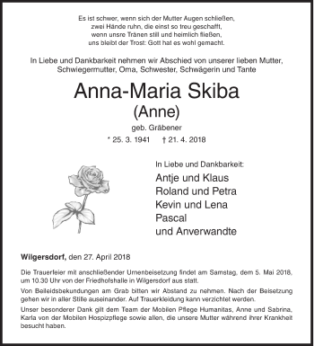 Traueranzeige von Anna-Maria Skiba von Siegener Zeitung