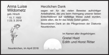 Traueranzeige von Anna Luise Wildometz von Siegener Zeitung