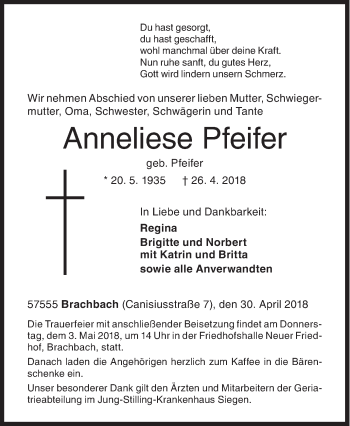 Traueranzeige von Anneliese Pfeifer von Siegener Zeitung