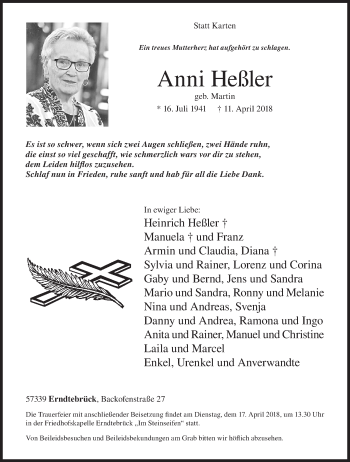 Traueranzeige von Anni Heßler von Siegener Zeitung