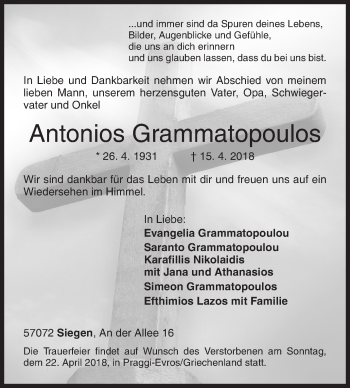 Traueranzeige von Antonios Grammatopoulos von Siegener Zeitung