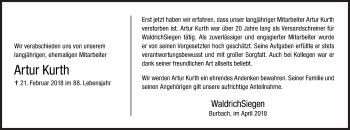 Traueranzeige von Artur Kurth von Siegener Zeitung