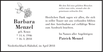 Traueranzeige von Barbara Menzel von Siegener Zeitung
