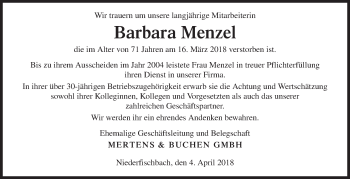 Traueranzeige von Barbara Menzel von Siegener Zeitung