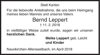 Traueranzeige von Bernd Leppert von Siegener Zeitung