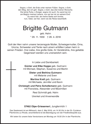 Traueranzeige von Brigitte Gutmann von Siegener Zeitung