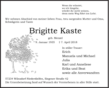 Traueranzeige von Brigitte Kaste von Siegener Zeitung