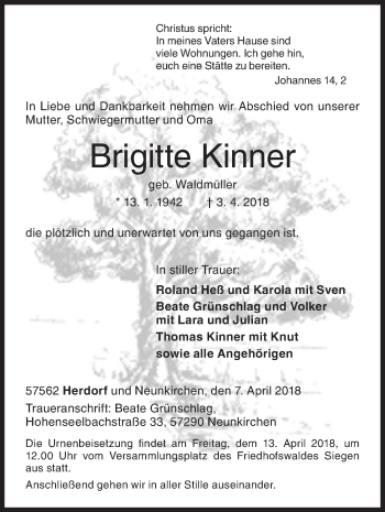 Traueranzeige von Brigitte Kinner von Siegener Zeitung