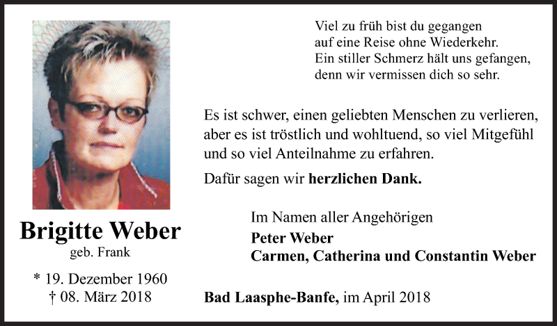  Traueranzeige für Brigitte Weber vom 14.04.2018 aus Siegener Zeitung