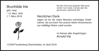 Traueranzeige von Brunhilde Irle von Siegener Zeitung